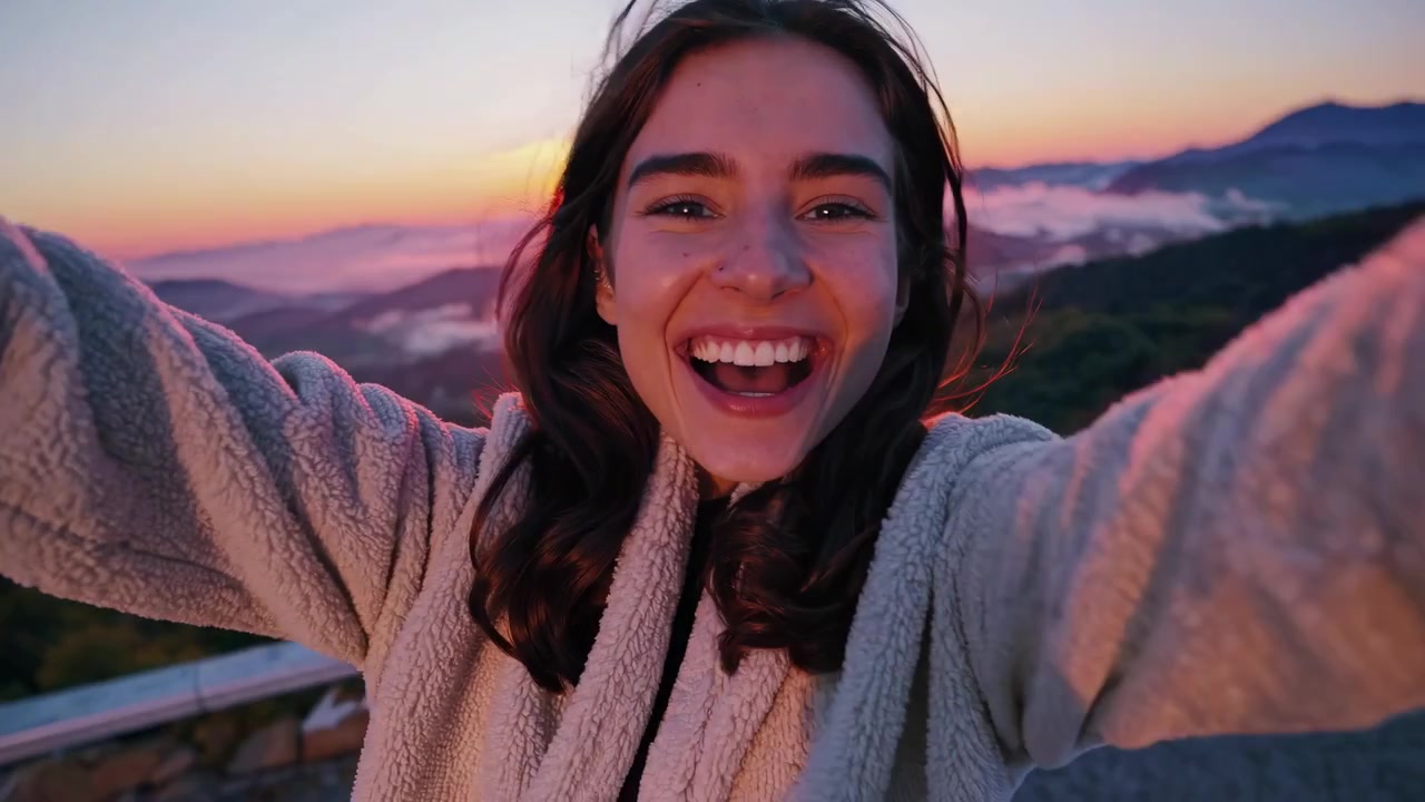 Giovane donna gioiosa che si scatta un selfie con le braccia distese all'alba in montagna