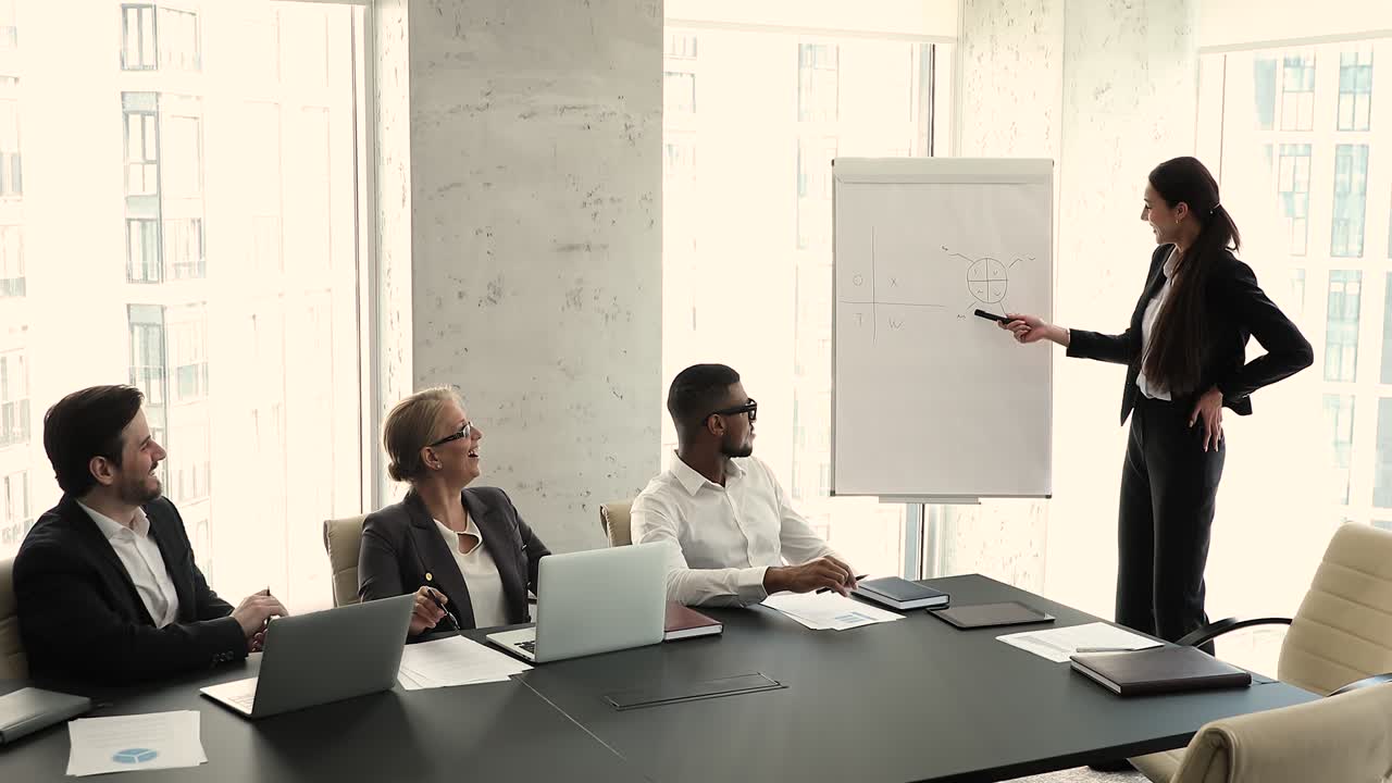 Business coach makes presentation on flip chart to multiethnic partners