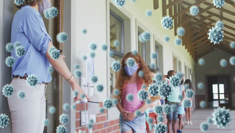 animation of coronavirus cells with masked schoolchildren sanitizing hands before class