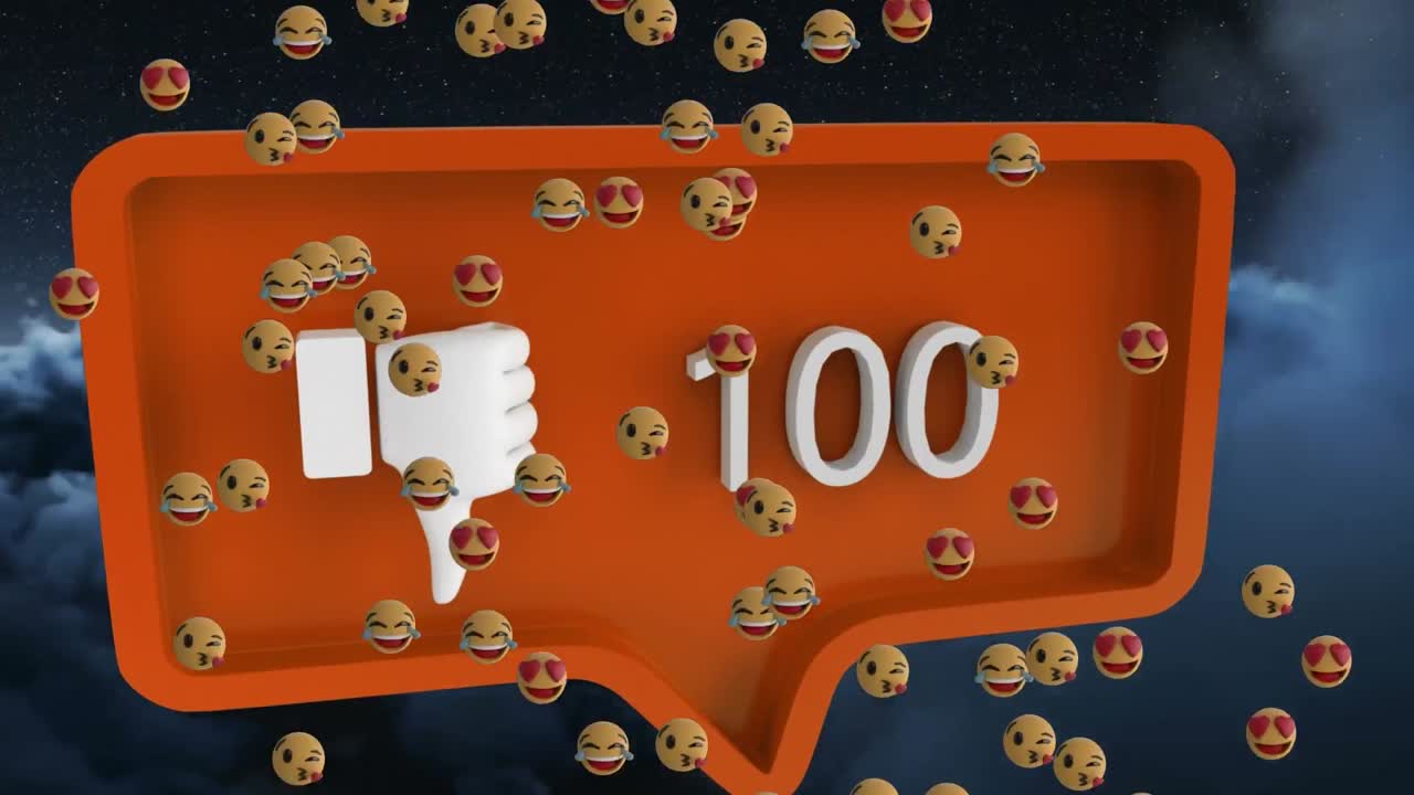 소셜 미디어 반응과 구름 위에 떠다니는 이모티콘의 애니메이션