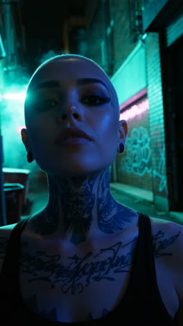 portrait of a woman with tattoos and shaved head in a cyberpunk alley at night