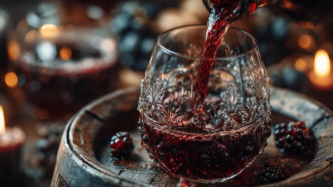Un elegante versata: ricco vino rosso che si riversa in un bicchiere realizzato ad arte, circondato da frutti di bosco e dalla luce soffusa delle candele, creando un'atmosfera invitante per il relax e il piacere