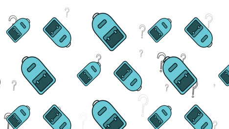 animación de iconos de bolsas escolares flotando sobre el signo de pregunta en fondo blanco