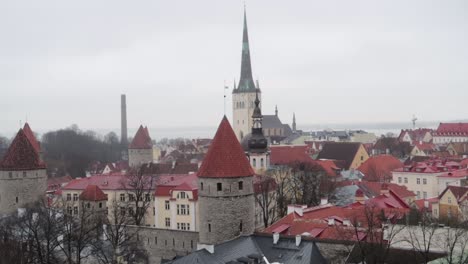 tallinn old town landscape panning view with grey sky during winter without snow