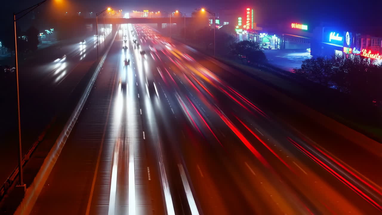 Nighttime highway traffic with light trails
