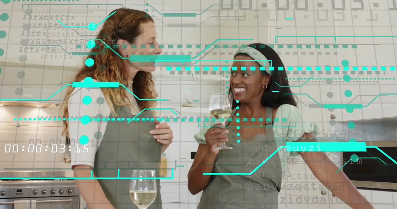 Two friends gesturing with wine glasses at counter, generating animated spice icons prepping dish