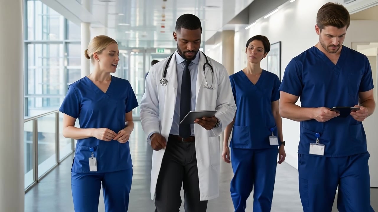 Group of medical professionals and surgeons walking through a bright modern hospital corridor