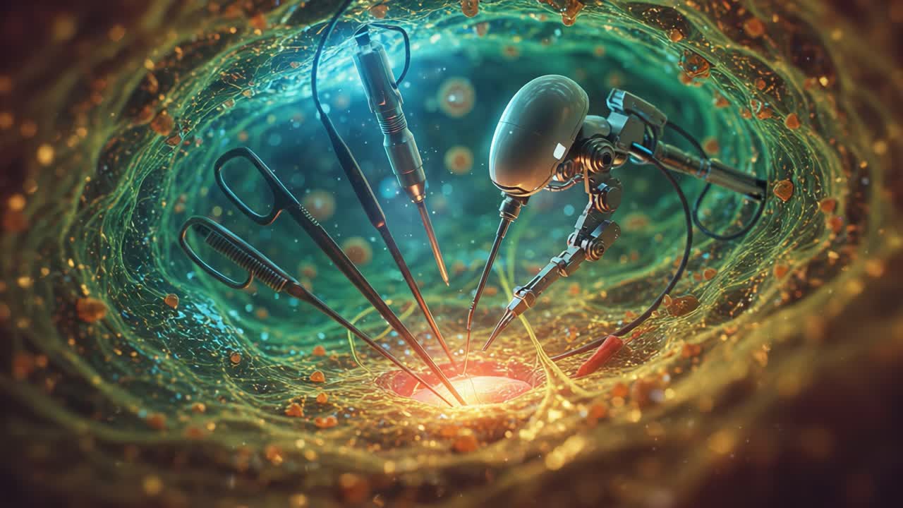 An Advanced Robotic Device Engaging in Precise Micro-Manipulation Within a Vibrant Cellular Environment, Showcasing the Intersection of Technology and Biology