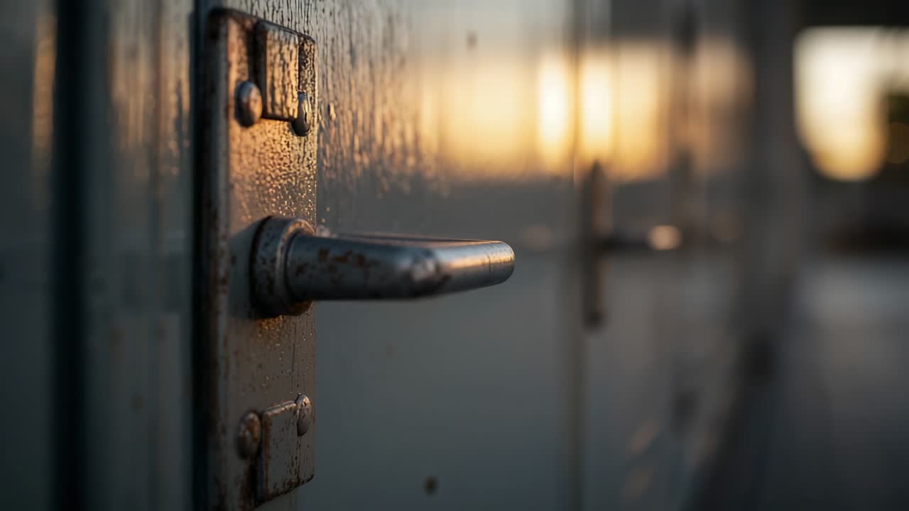 Sunlight shifting, refocusing, metal handle showing rust, paint grain, warm bokeh for design
