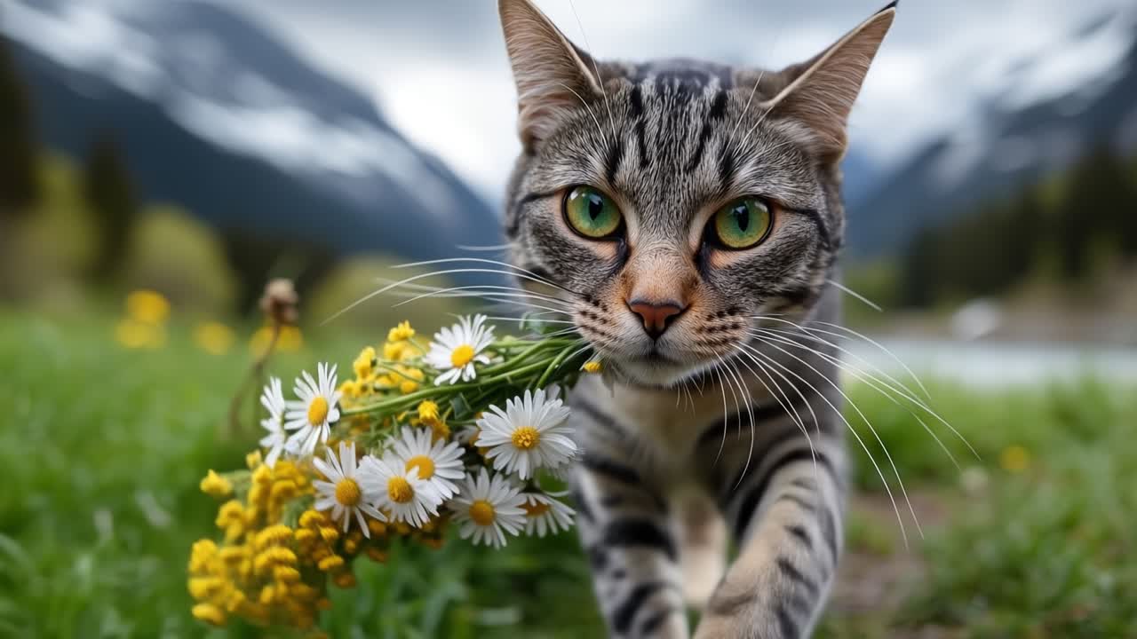 Adorabile gatto soriano che tiene in bocca un bouquet di margherite bianche e gialle all'aperto in estate.