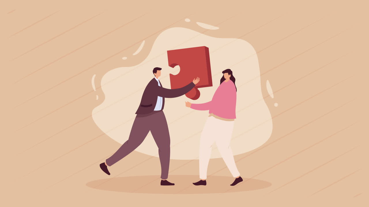 퍼즐 조각 애니메이션을 가진 우아한 비즈니스 커플