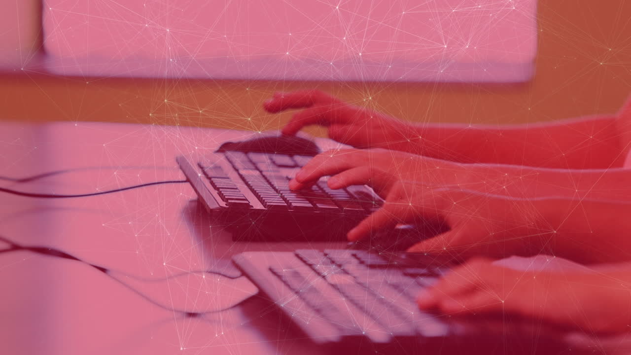 Network of connections against mid section of two students using computer at school