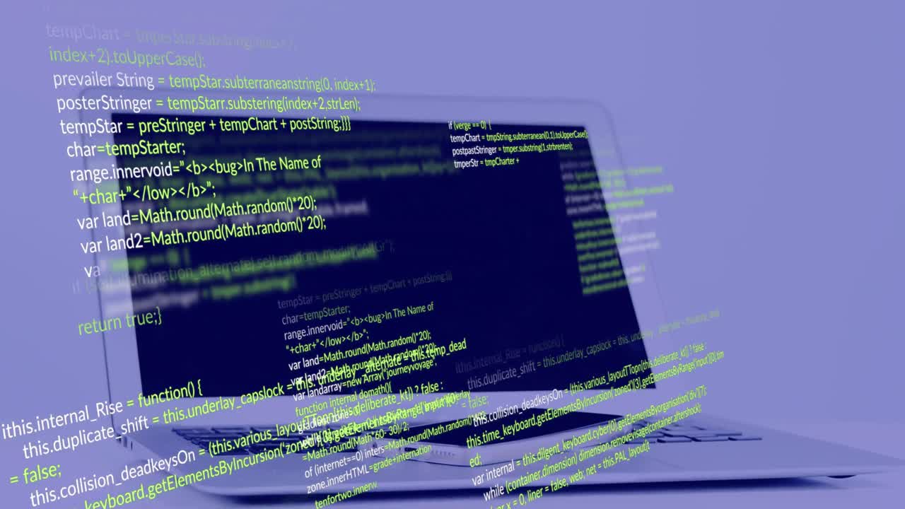 animación del procesamiento de datos en primer plano de un portátil y un teléfono inteligente contra un fondo azul