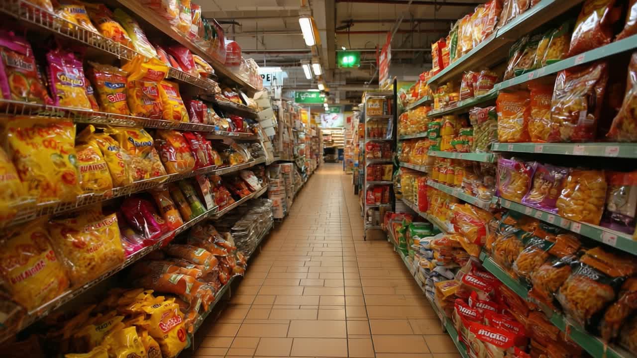 A Vibrant Aisle of Packaged Snacks and Chips in a Supermarket, Showcasing an Array of Colorful Products on Shelves for All Snack Lovers