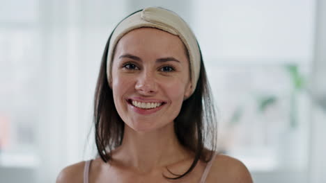 Cheerful-model-satisfied-skin-condition-mirror-pov-view.-Smiling-woman-posing