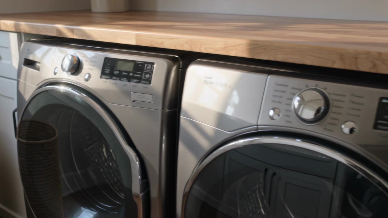 Panning camera right on shot start, showing steel frontload washer and dryer under butcher counter