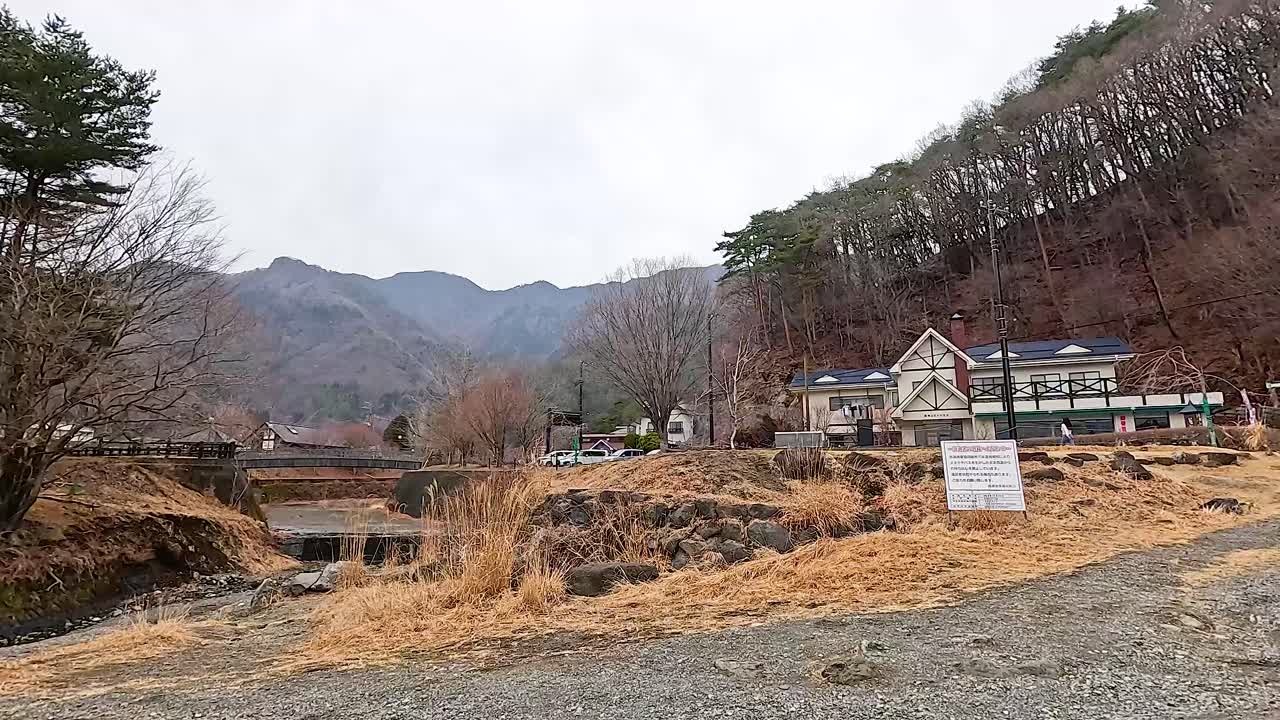 Japanese Village Landscape with Mountains and River