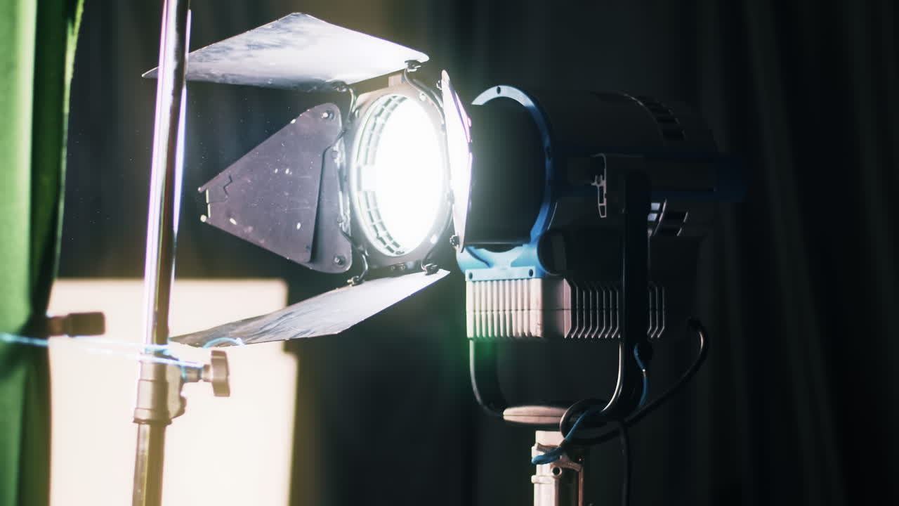 Professional lighting equipment on the movie set with smoke in the air