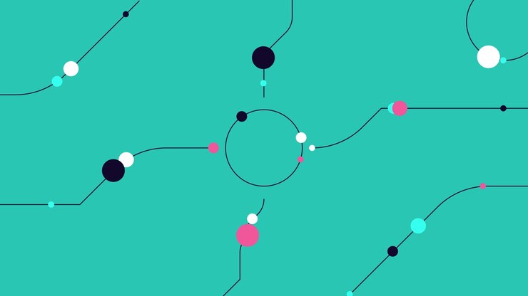 Abstract Network of Lines and Moving Dots on Teal Background