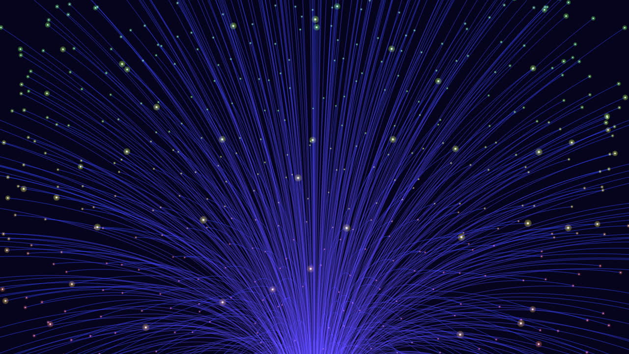 una vibrante exhibición de fuegos artificiales azules y púrpuras iluminan el cielo nocturno.