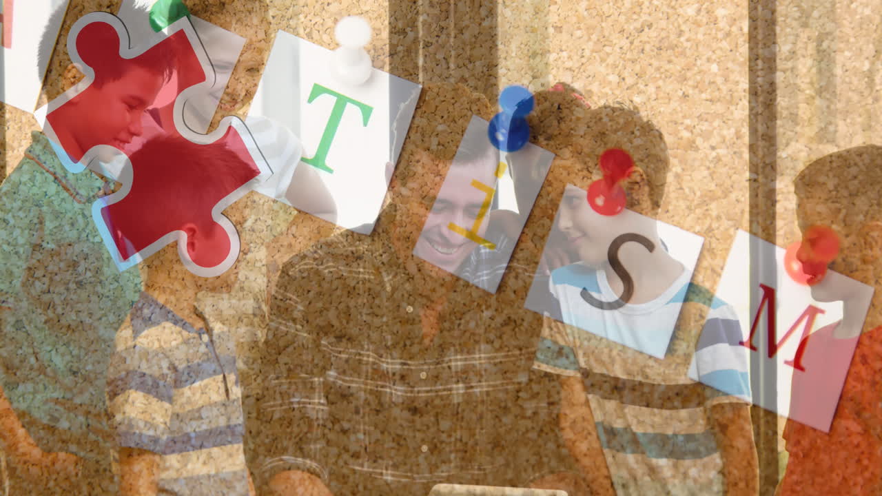 다채로운 퍼즐 조각과 자폐증 텍스트의 애니메이션 남성 교사와 함께 학교 어린이