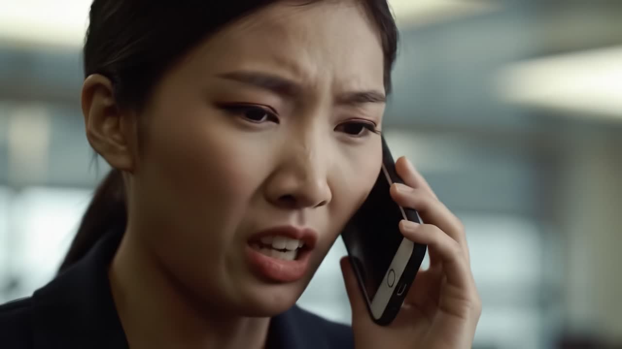 A woman expresses concern while talking on the phone in a modern office. She displays intense emotions, indicating an urgent situation. Background shows typical office activity.