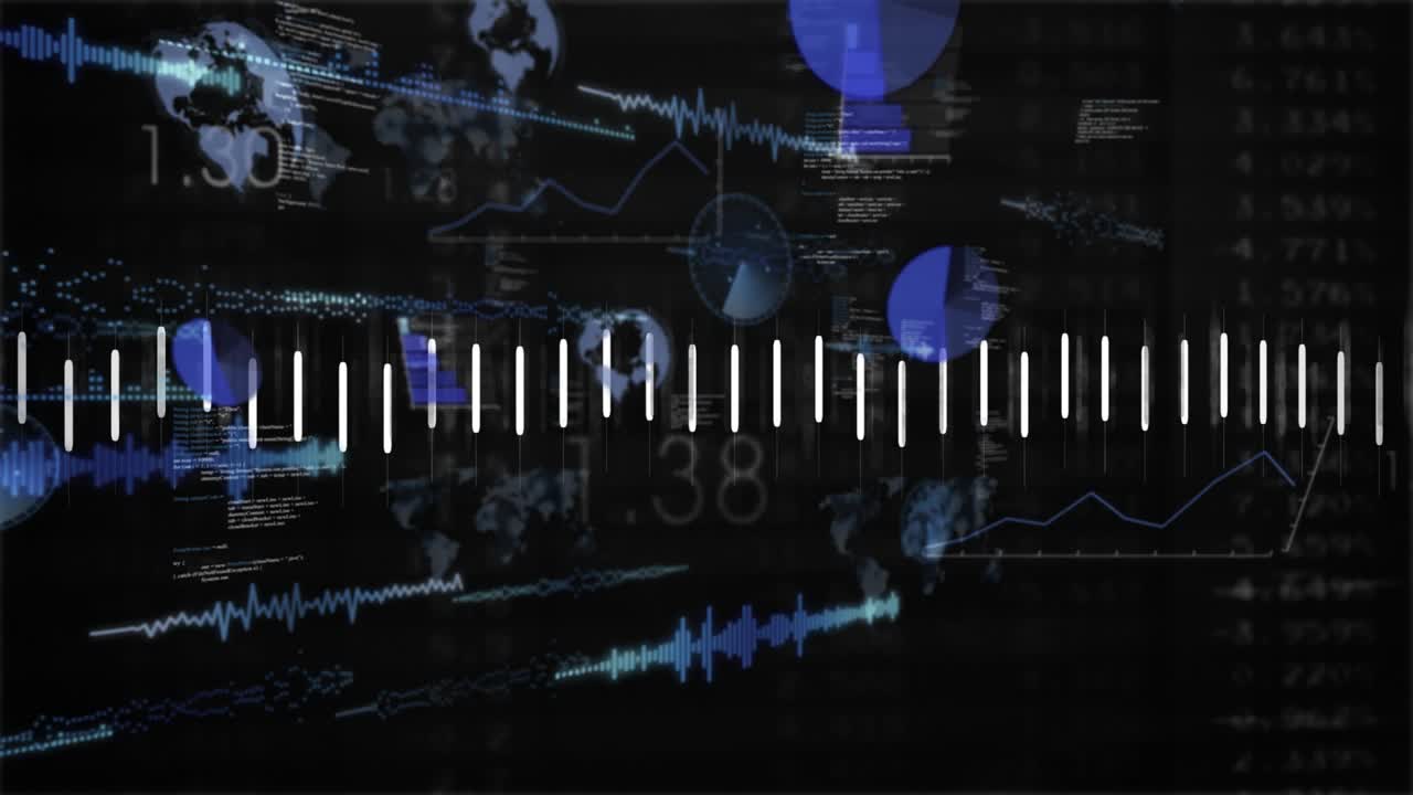 Polyline starting trace, equalizer bars pulsing and backdrop charts brightening showing data spikes