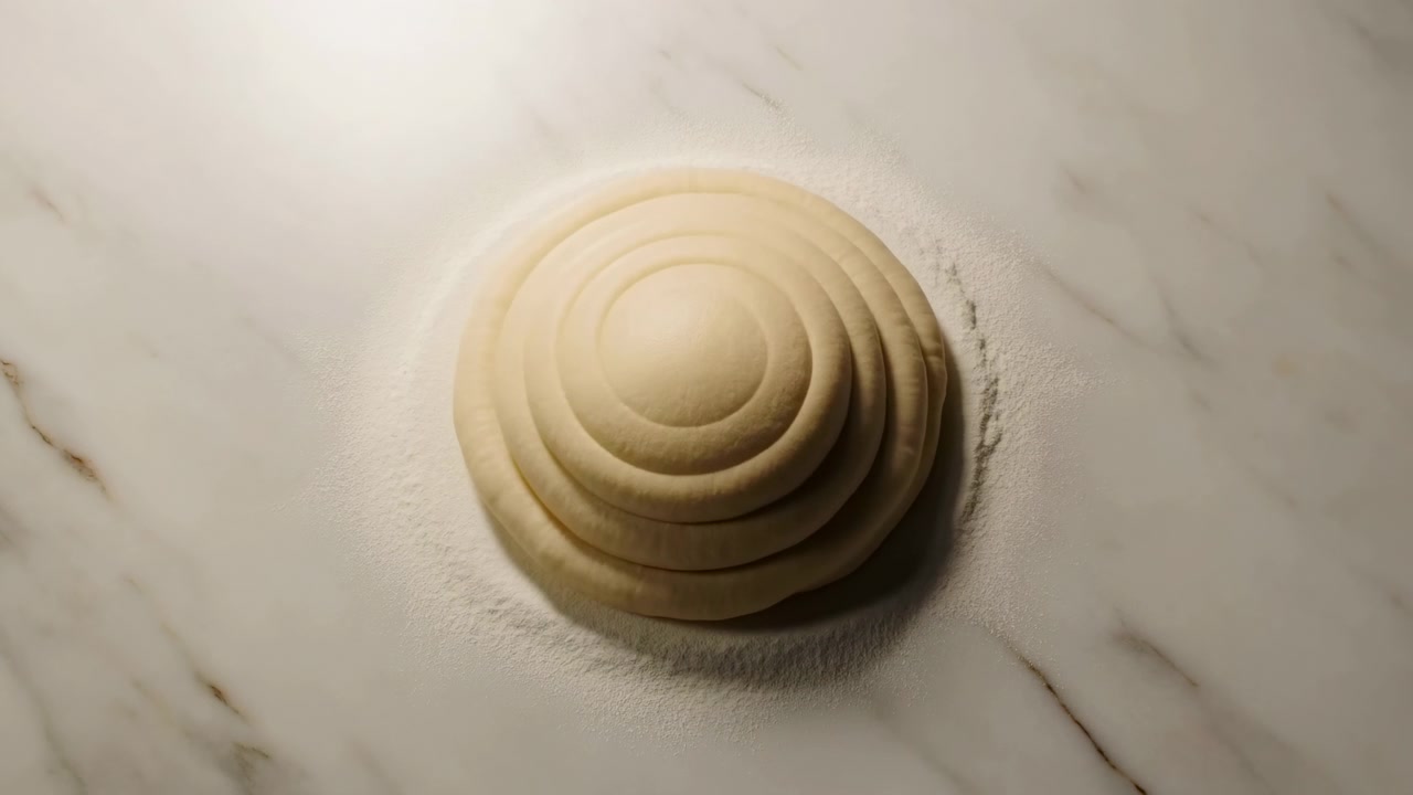 Raw round dough slowly forms tight concentric spiral ridges while resting inside clean circular ring of flour on polished marble worktop, with soft directional light and refined culinary styling