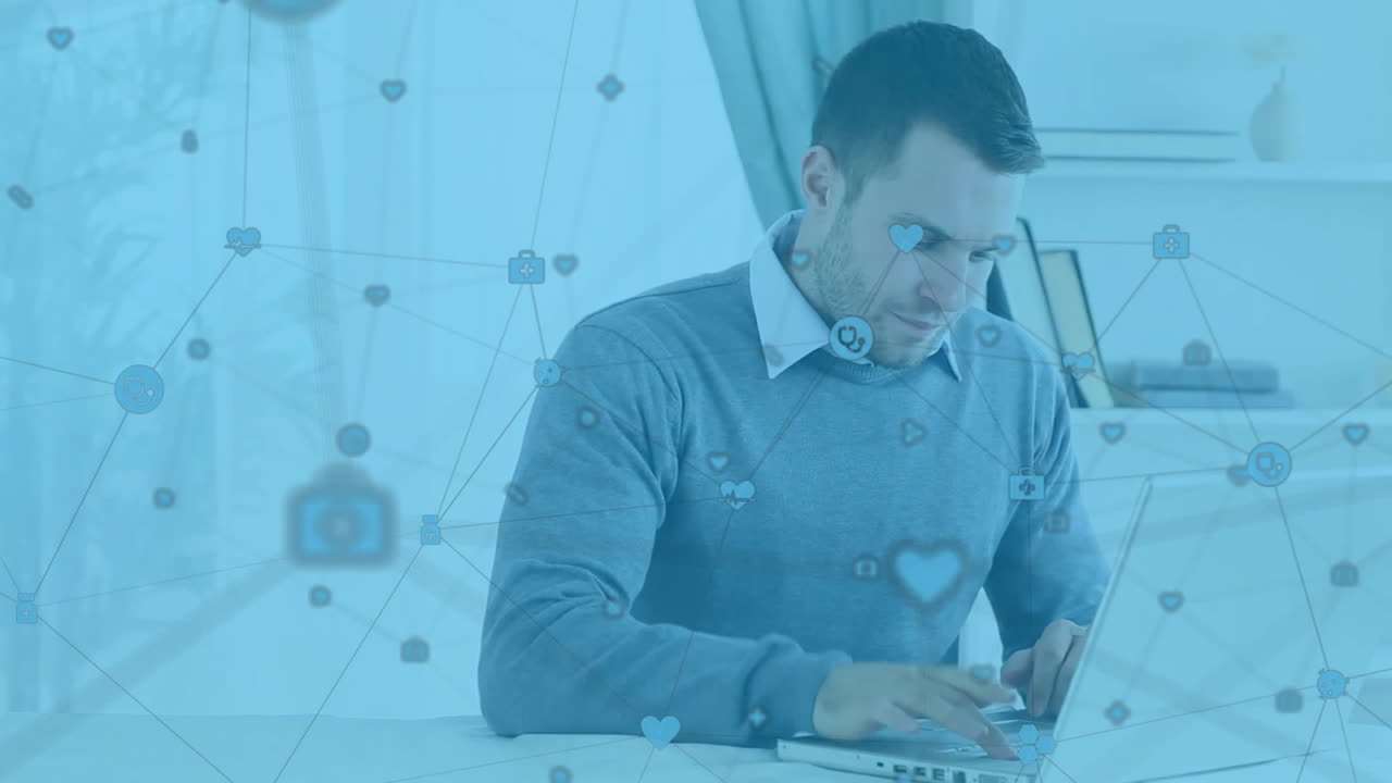 animación de la red de conexiones con iconos sobre hombre caucásico con portátil