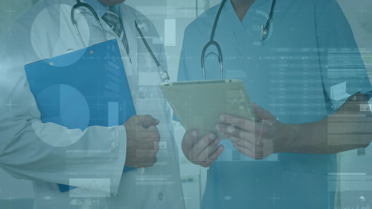 다양한 남성 의사와 의료 종사자가 병원에서 토론하는 데이터 처리의 애니메이션