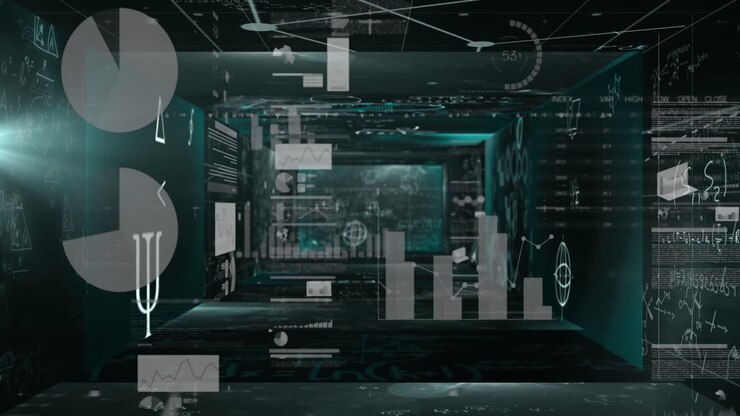Mathematical equations floating against statistical data processing against black background