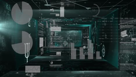 Mathematical equations floating against statistical data processing against black background