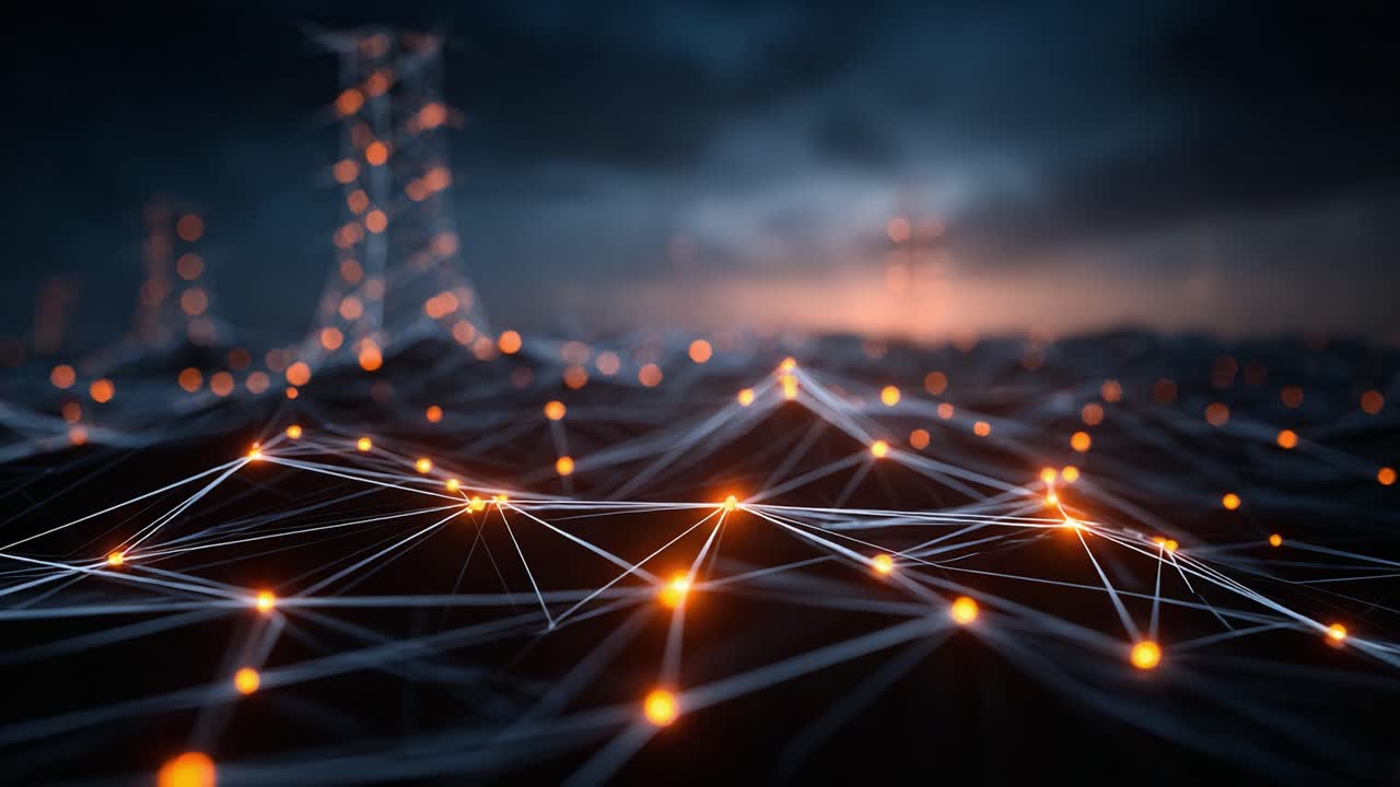 A Stunning Graphical Representation of Dynamic Connectivity in Dark Atmospheric Landscape with Illuminated Nodes and Abstract Energy Flow Patterns