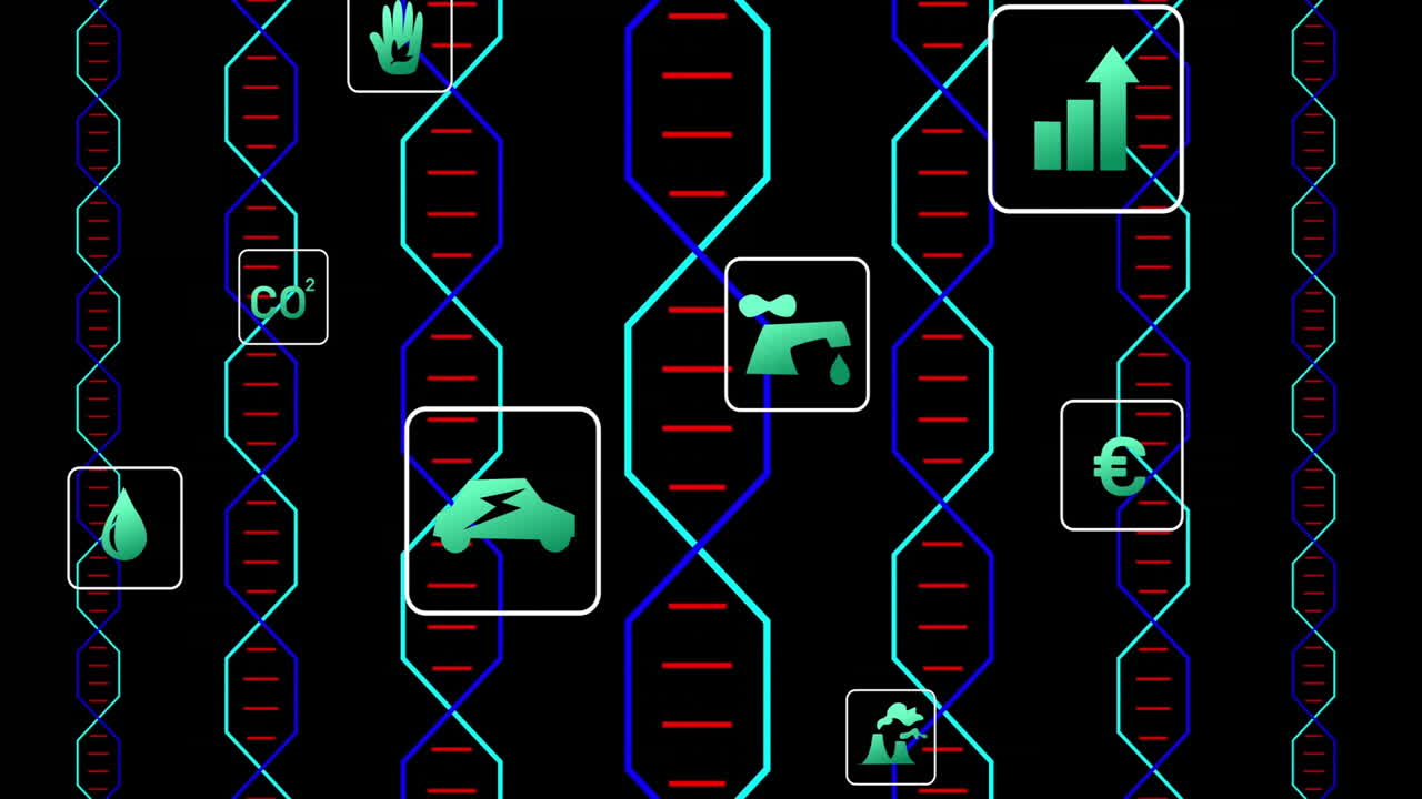 Animation of DNA strands with utility icons on black background