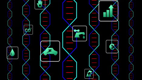 Animation of DNA strands with utility icons on black background