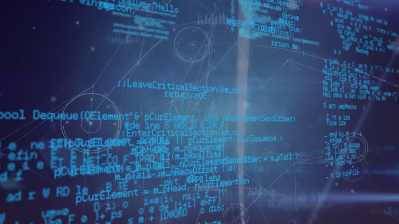 Animation of networks of connections and data processing over black background