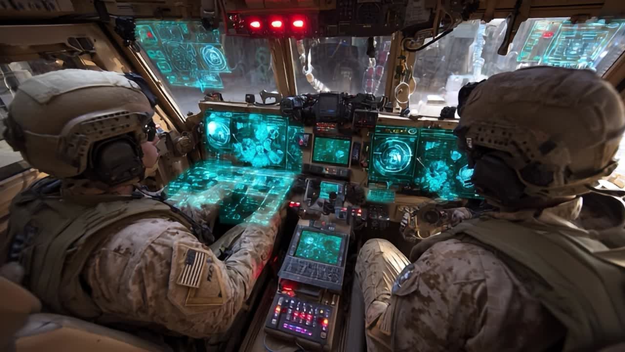 Military personnel operate advanced technology in armored vehicle cockpit