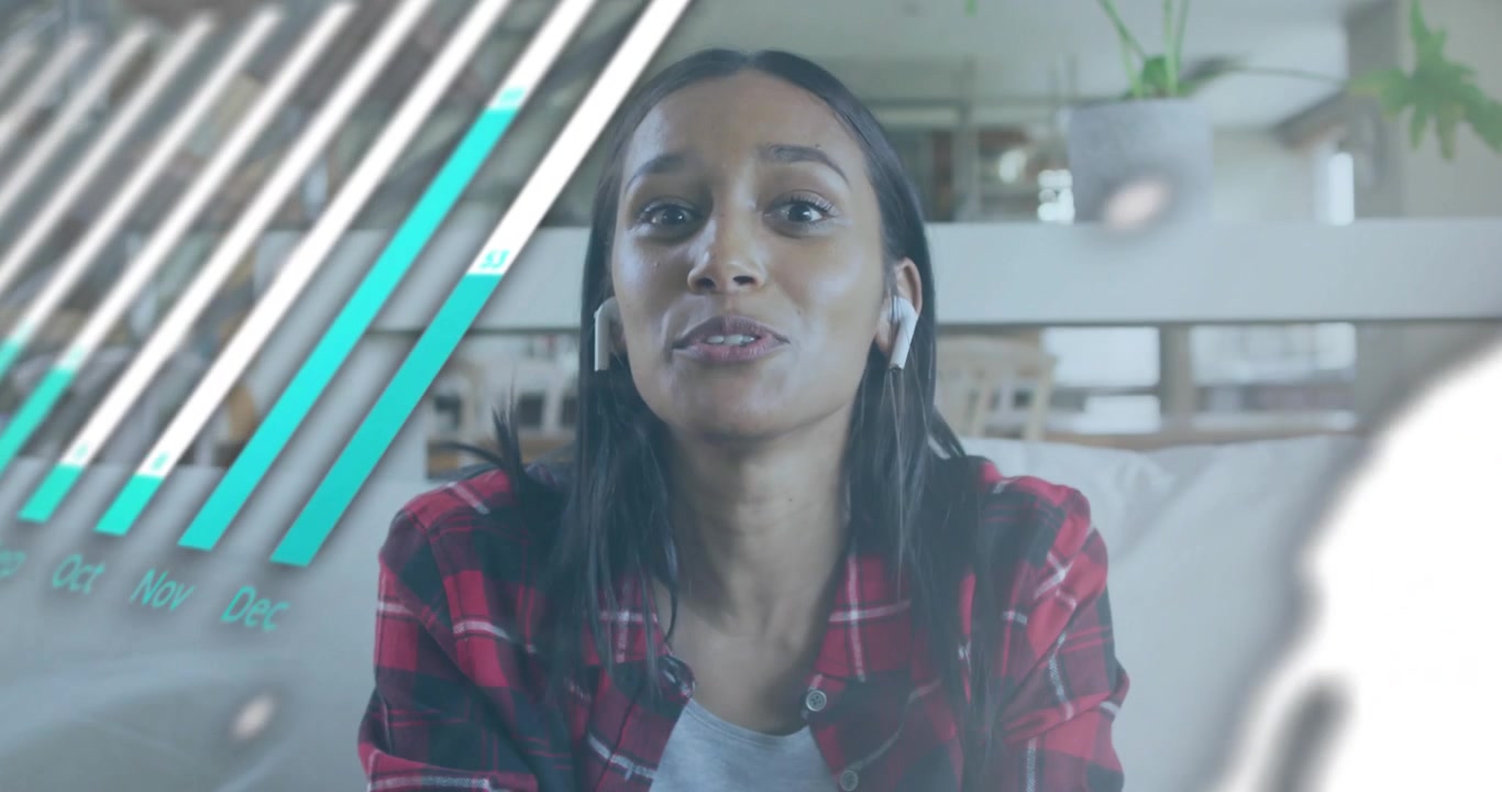 Young Woman Participating in Video Call with Digital Data Overlays
