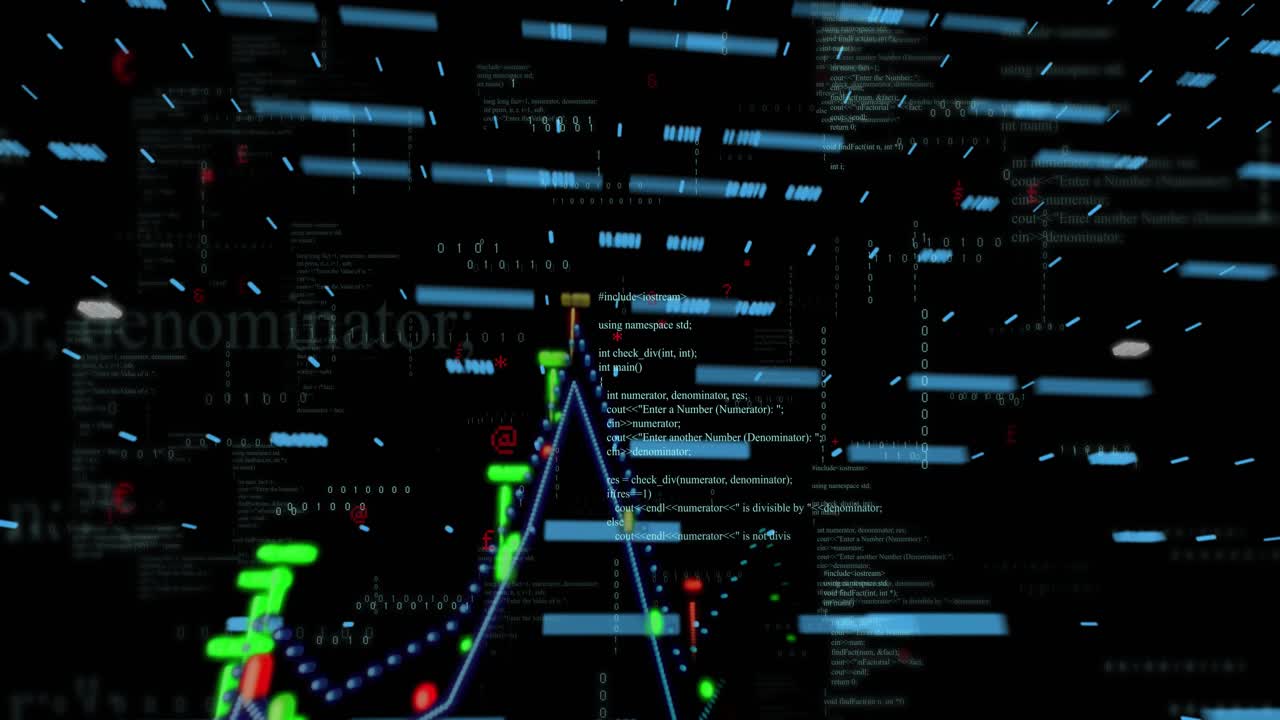 Floating C++ code snippets, binary digits animating across neon-blue 3D interface showing data plot