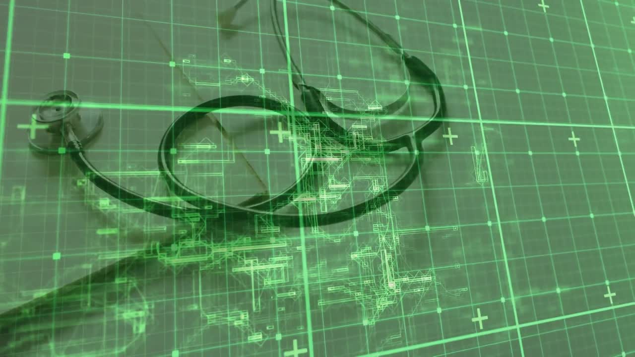 백색 배경에 스테토스코프와 노트북을 통해 데이터 처리의 애니메이션