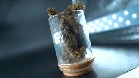 un primer plano detallado de una grúa giratoria de una planta de cannabis, flor de marihuana en un vaso brillante, cepas híbridas, indica y sativa, cámara lenta de 120 fps en alta definición, iluminación de estudio cinematográfico