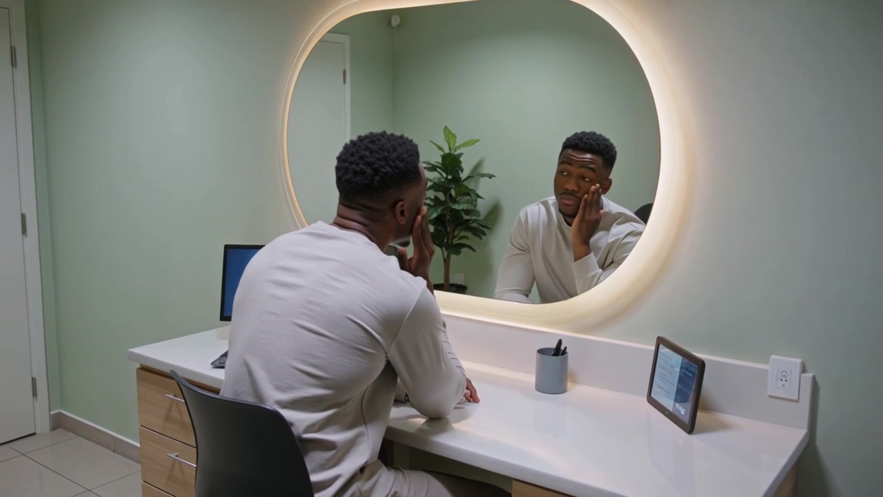 Notando uno specchio illuminato ad aureola, un uomo con un top casual si controlla sotto l'occhio allo specchio, toccando e guardando il tablet.