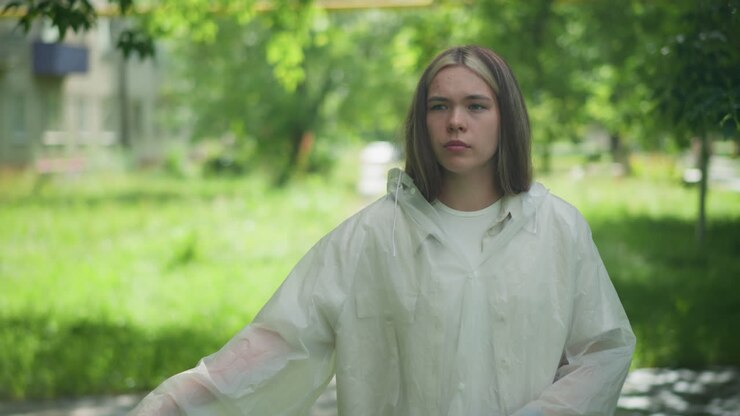 Lady with blonde hair in translucent raincoat strolls with bicycle on a paved path, pausing with a contemplative expression, background features blurred trees, grass, and distant buildings