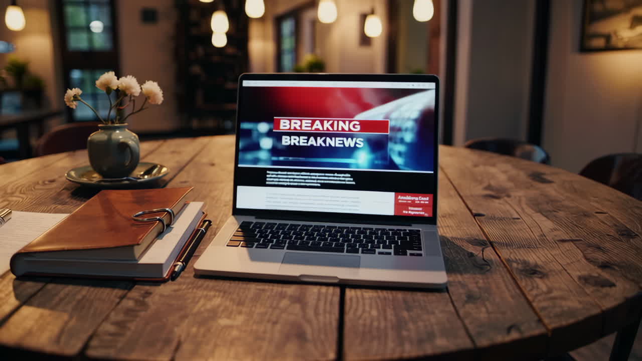 Laptop dengan Berita Terkini Ditampilkan di Layar di Kafe