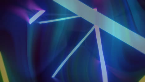 Neon light beams moving across dark gradient, showing glowing purple rod and cyan slats in 3D