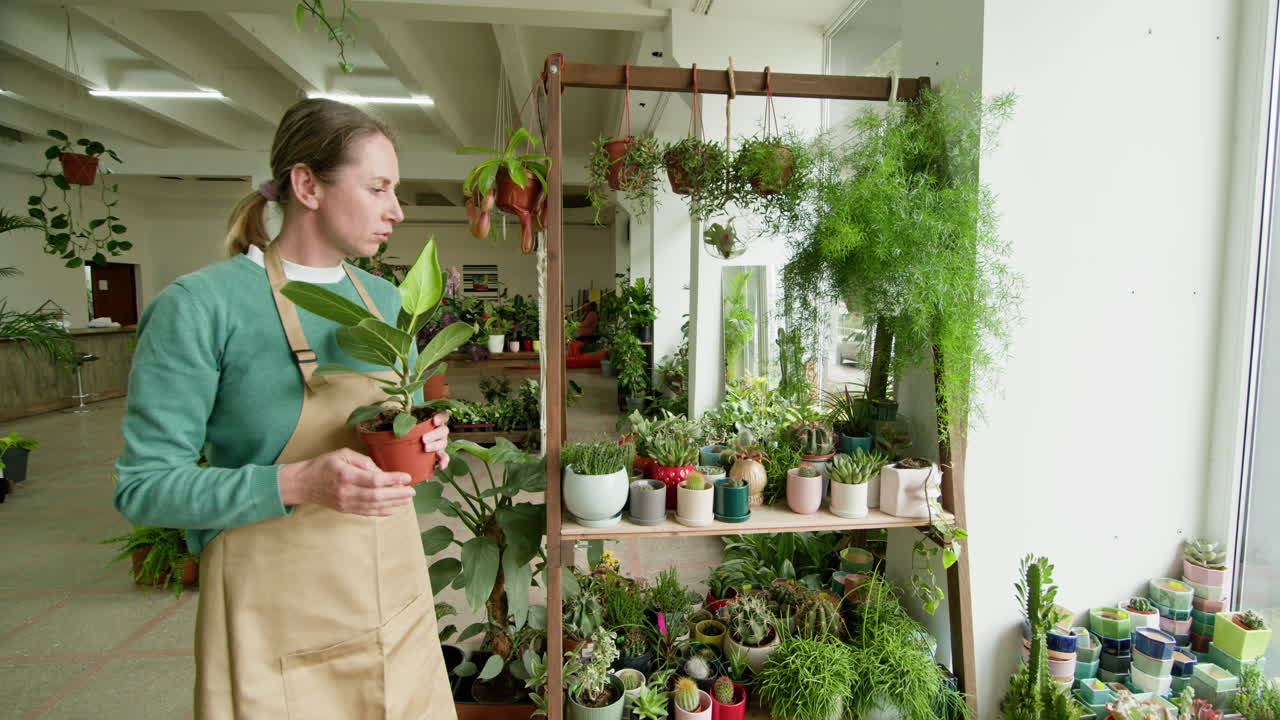 Mulher trabalhando em uma loja de plantas