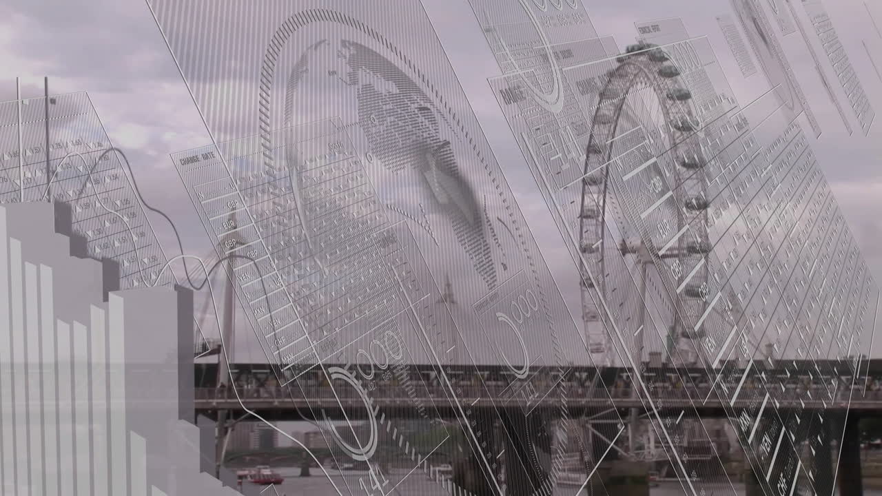 Urban riverfront displaying semi-transparent financial panels over Tower Bridge and London Eye