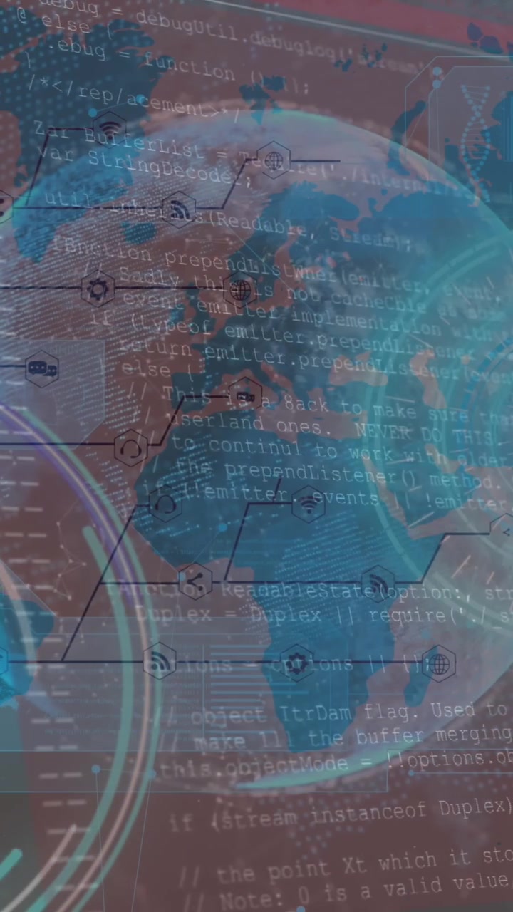 Animation of data processing with scope scanning over world map and globe