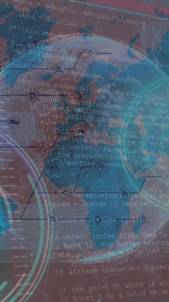Animation of data processing with scope scanning over world map and globe