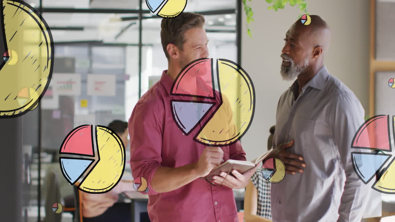 Animation of multiple pie graph icons over two diverse men smiing while discussing at office